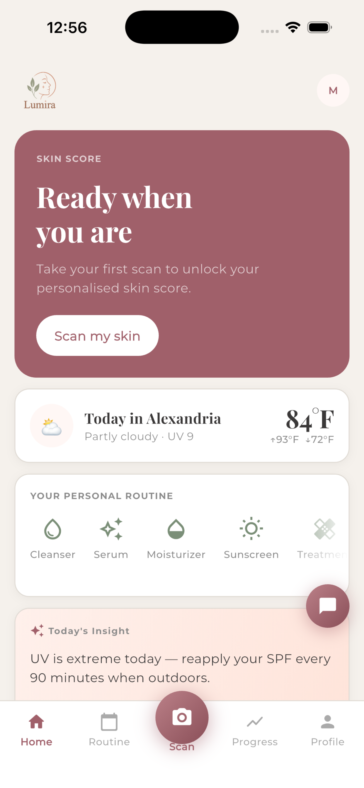 The Lumira home screen, showing today's routine