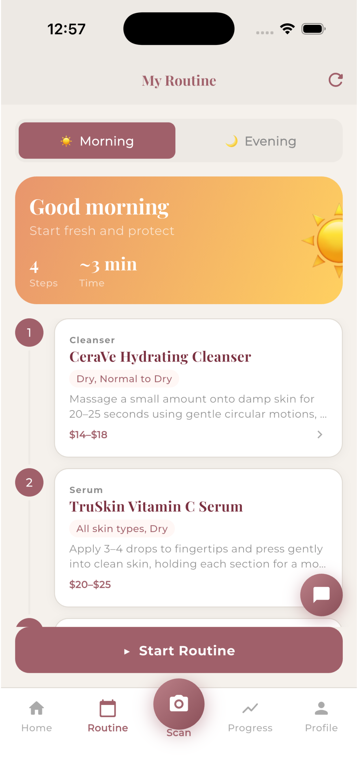 The Lumira routine screen, showing a morning sequence