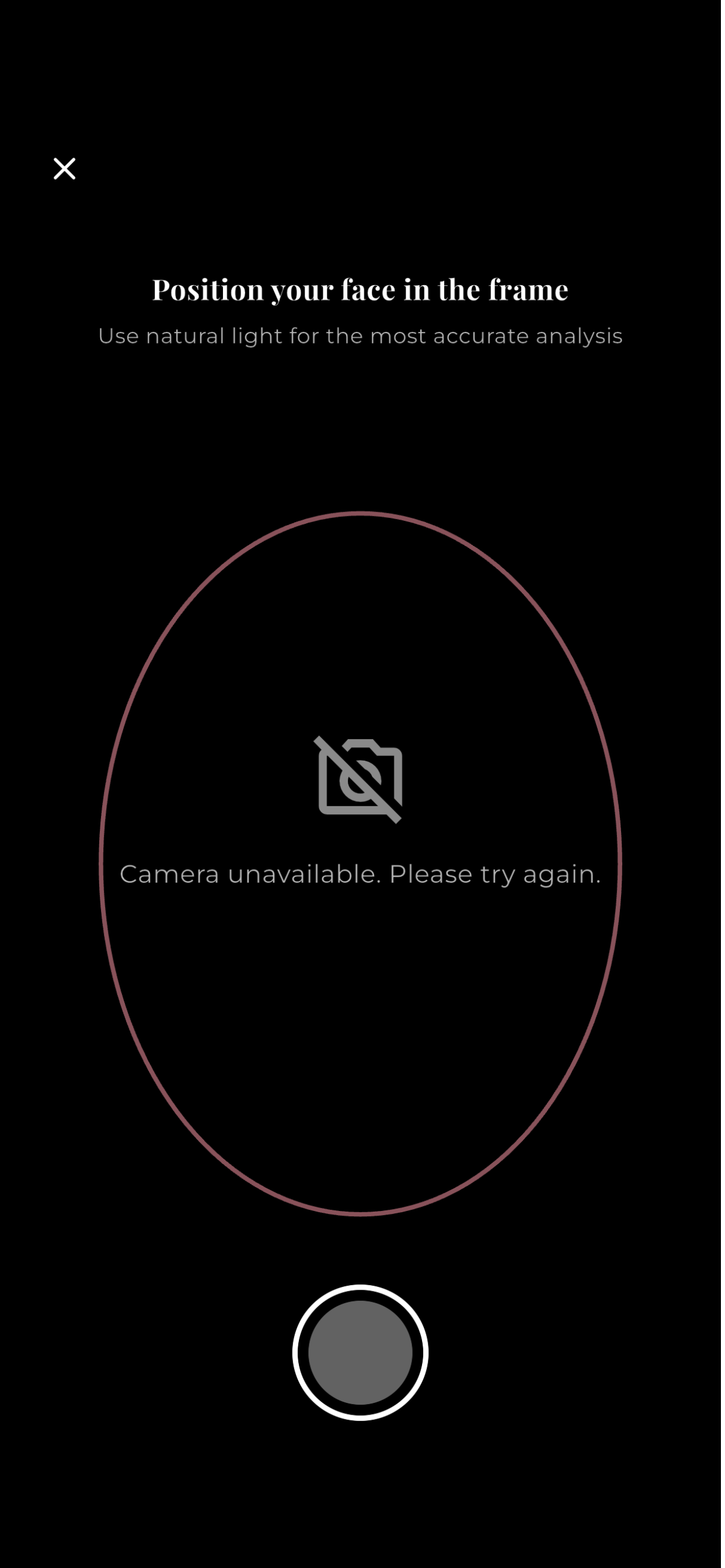 The Lumira scan screen, positioning a face for analysis